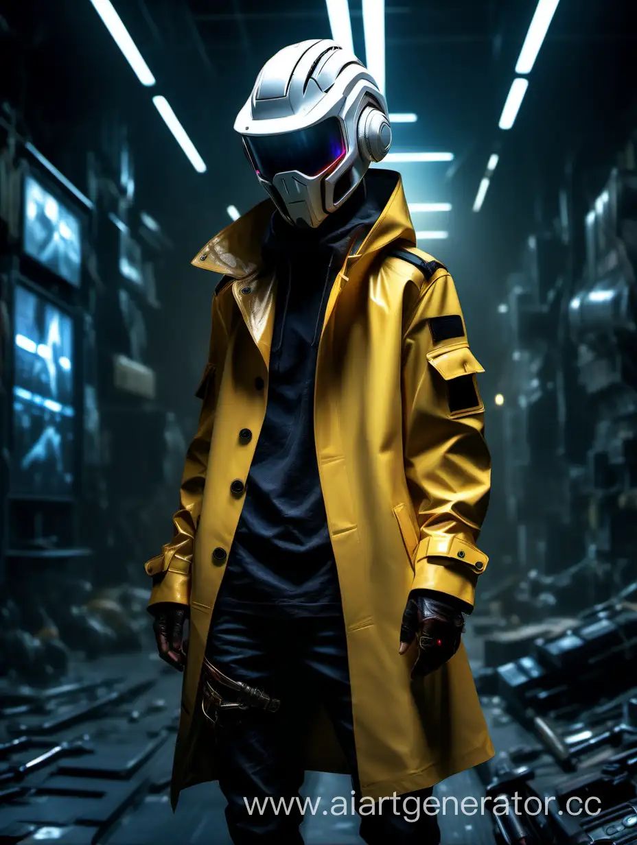 person wearing a helmet, cyberpunk streetwear, artstation, designers republic, white plastic skin, void vortex, magazine photo from 2007, d render, yellow trench coat with many pockets, ((masterpiece)), detailed background, dramatic cinematic lighting, soft edge lighting, professional, dramatic lighting, hard edge lighting, ultra quality, 4k,(masterpiece, best quality, 8k, ultra highres, highres:1.4), extremely detailed