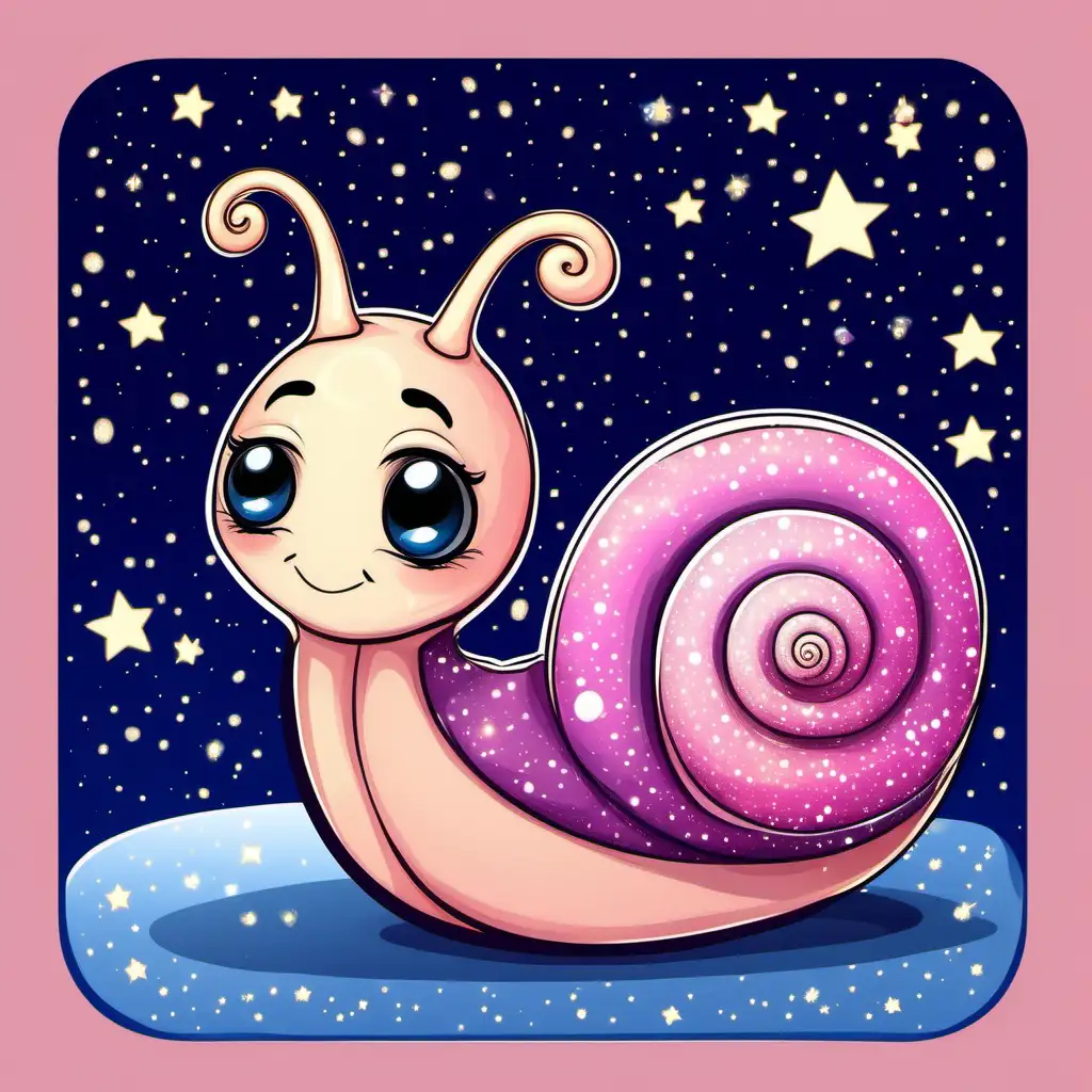 in cute chibi cartoon vector style, a shy, timid, feminine snail whose body is a pink shimmery color with a dark blue shell that has lots of beautiful sparkling stars all over it. no background