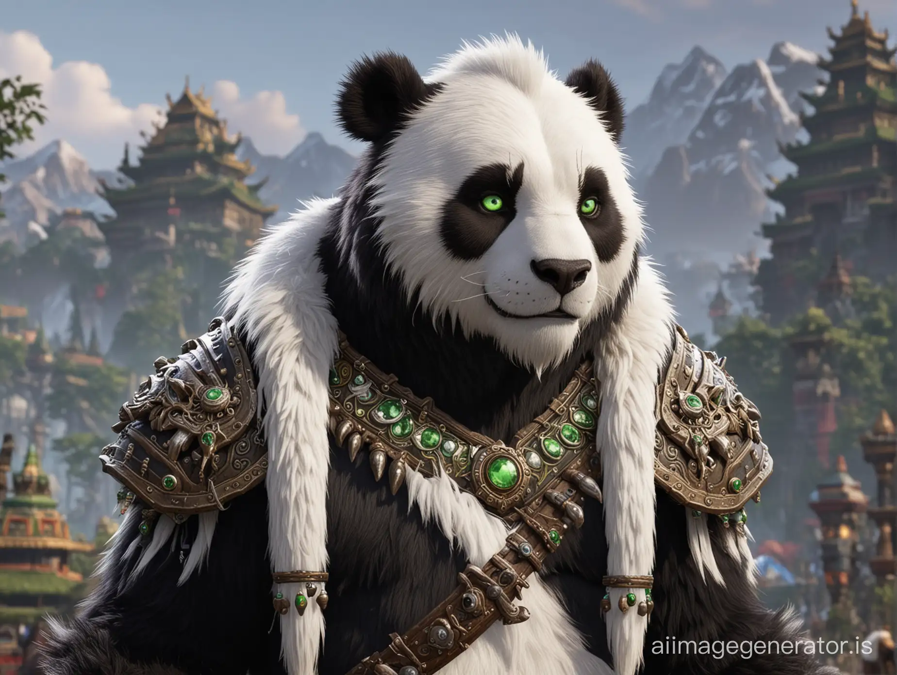 Pandarian from World of Warcraft with green eyes and white and black fur standing in Pandaria