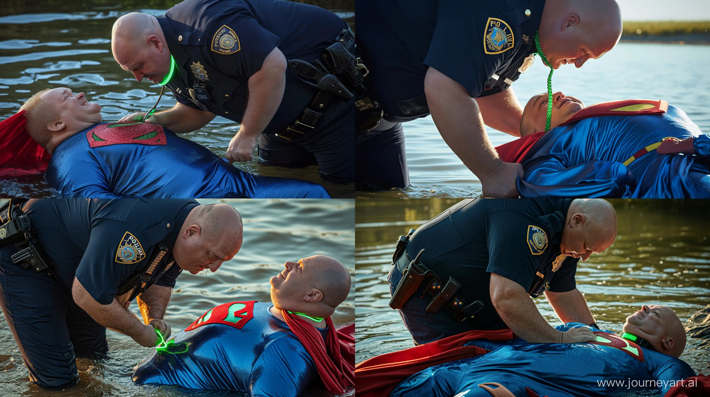 Close-up photo of a chubby man aged 60 wearing a navy police uniform, bending over and tightening a green glowing small short dog collar on the neck of another chubby man aged 60 lying in the water and wearing a blue silky superman costume with a large red cape. Outside. Natural light. Bald. Clean Shaven. --style raw --ar 16:9 --v 6