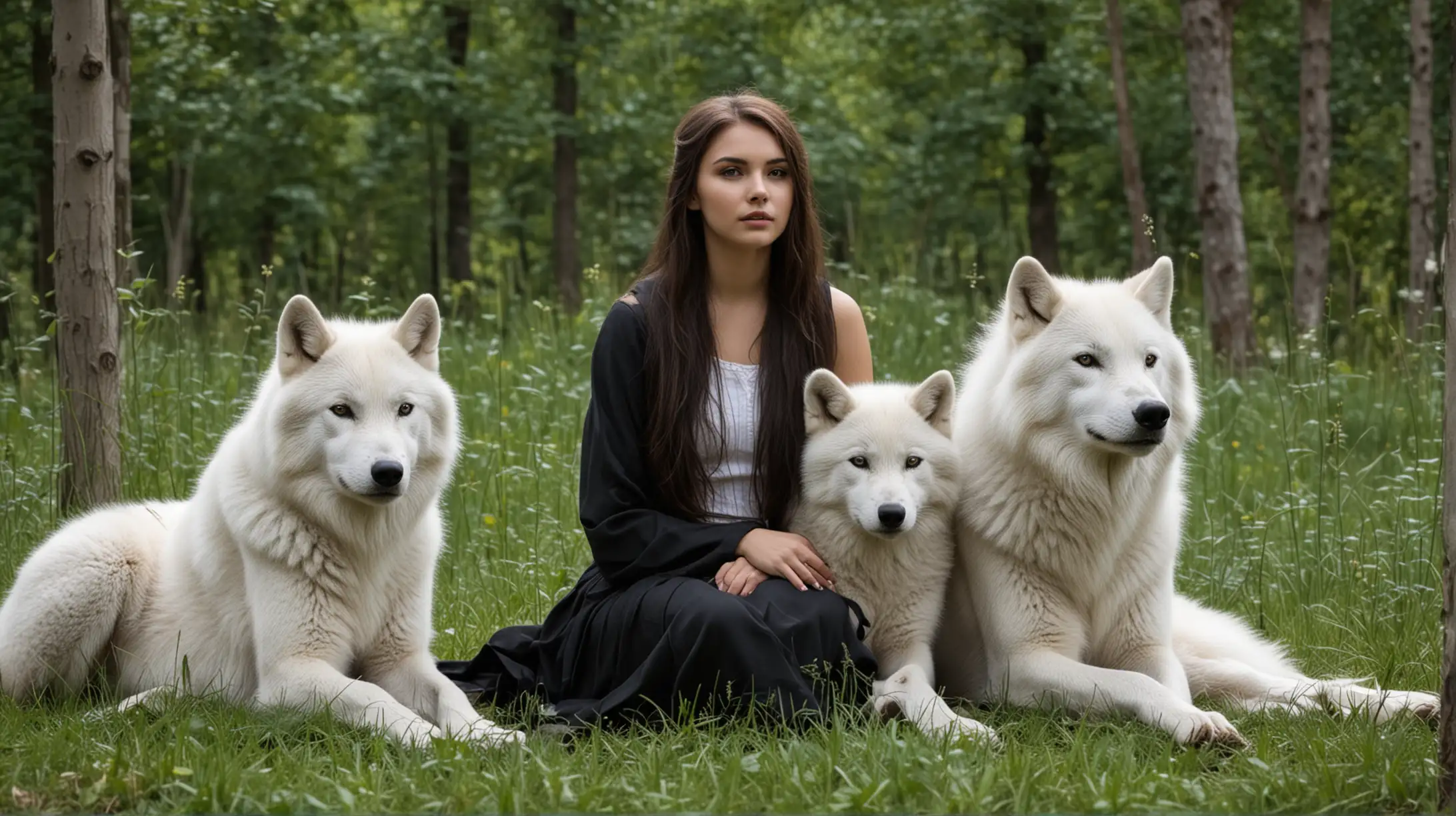 A beautiful YOUNG GIRLS SITTING AMONG 2 white wolves and 2 black wolves in the grass in the forest 