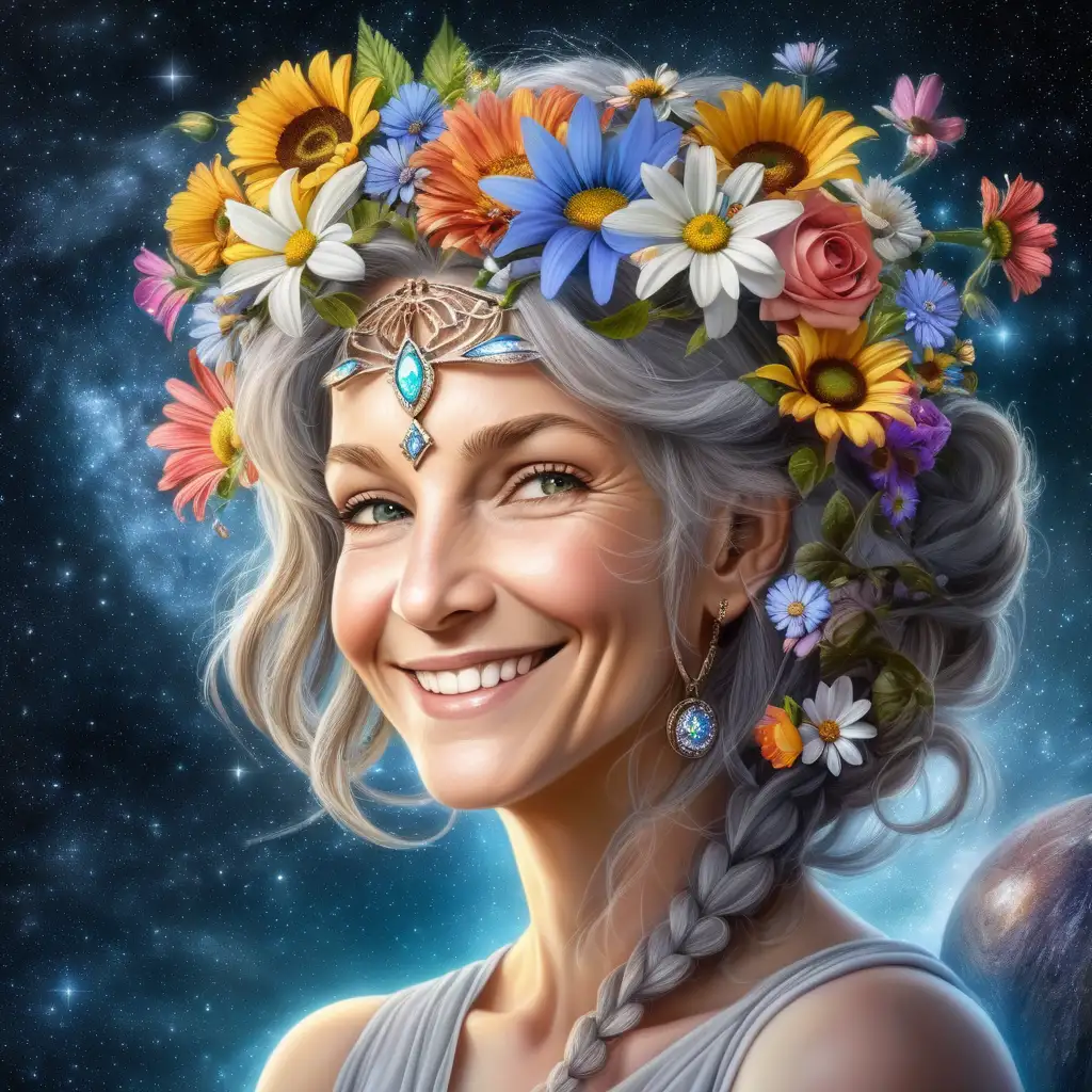 middle age, kind, wise, galactic woman with flowers in her hair, smiling gently,