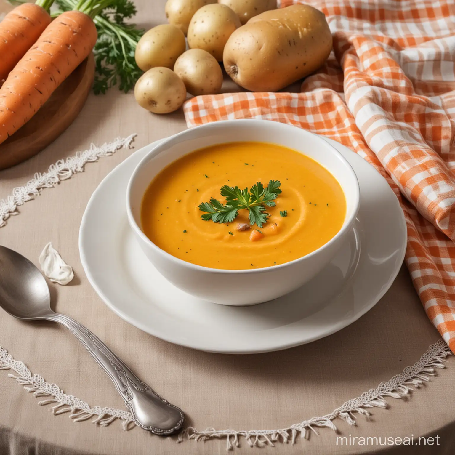 Delicious Carrot and Potato Soup Served on Elegant Tablecloth