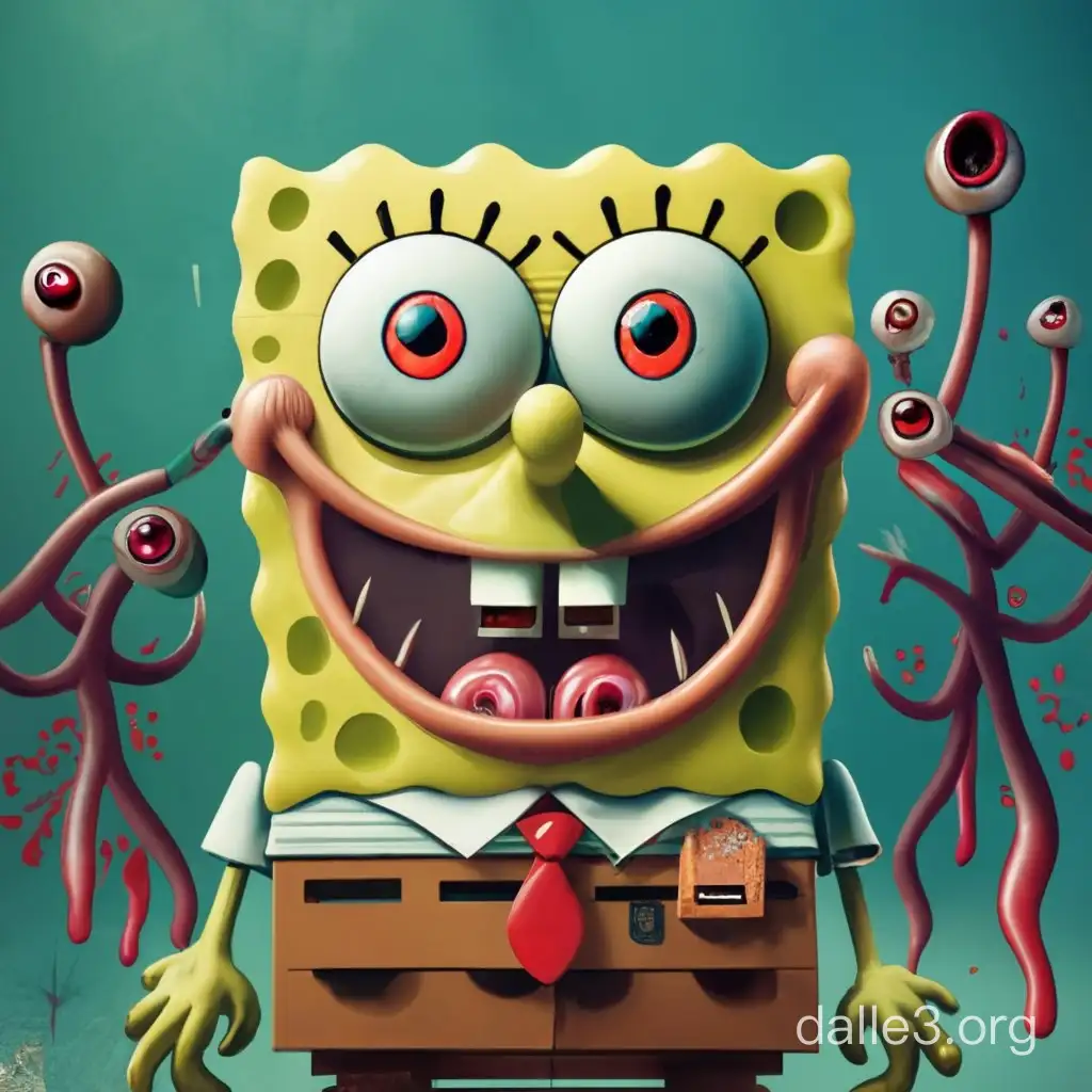 imagine a demonic version of spongebob with creepy eyes and sharp teeth, with crooked bloody arms growing out of his body and he is looking right at you