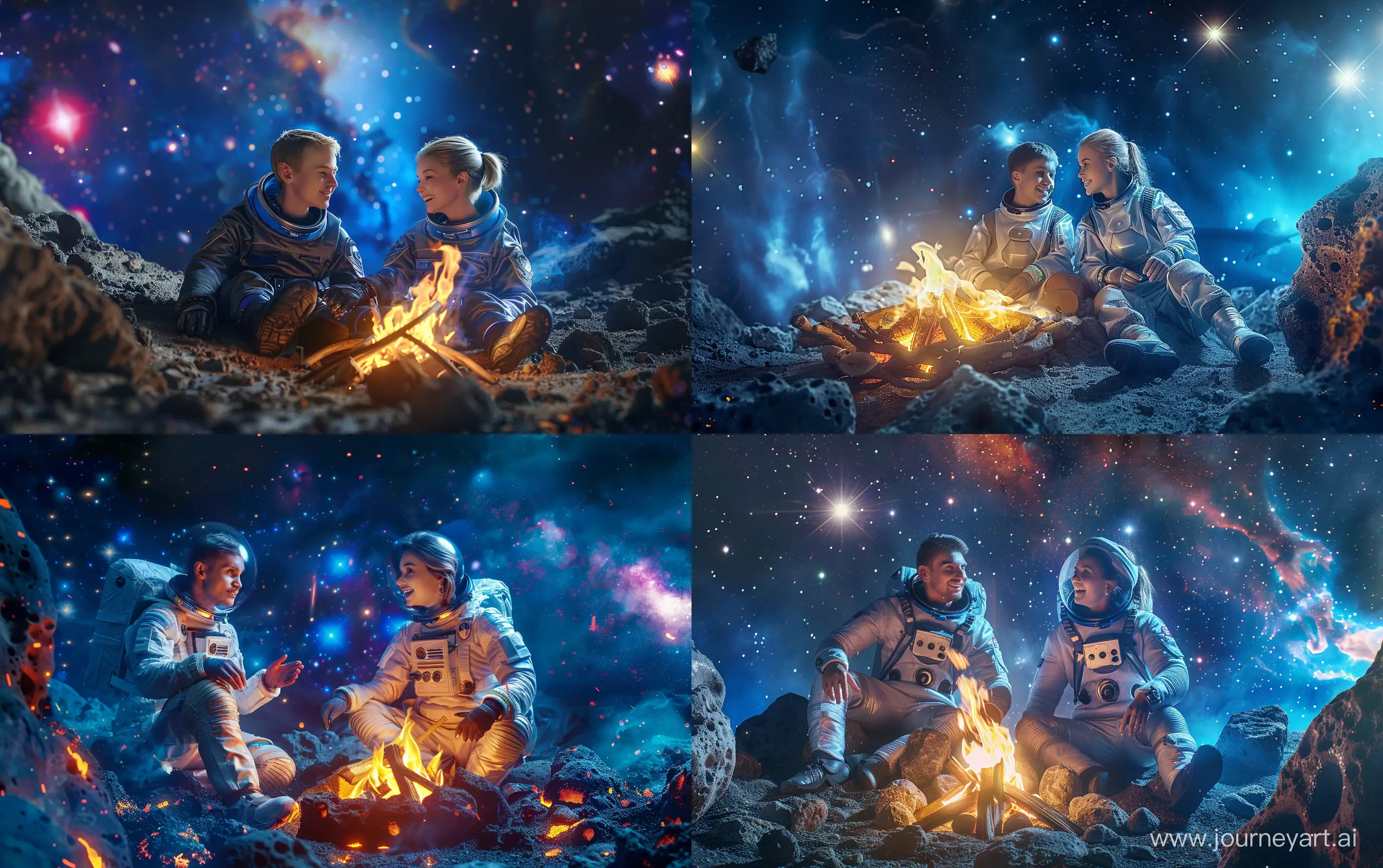 Young man and beautiful young slavonic woman with fair hair in spacesuits without helmets are sitting by the bonfire on an asteroid surface. They are talking happily, young woman is smiling, deep space on background with bright galaxies and supernova, realistic --ar 16:10