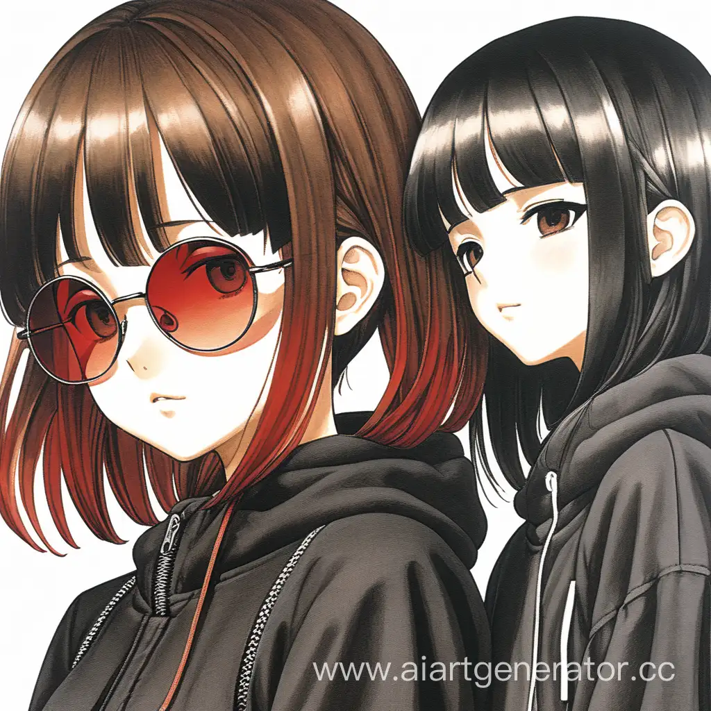 картинка из манги. на белом фоне изображены две девушки у одной девушки черные волосы у второй коричневые волосы с красными прядями, они одеты в черные вещи, оттенки картинки исполнено в теплых тоннах