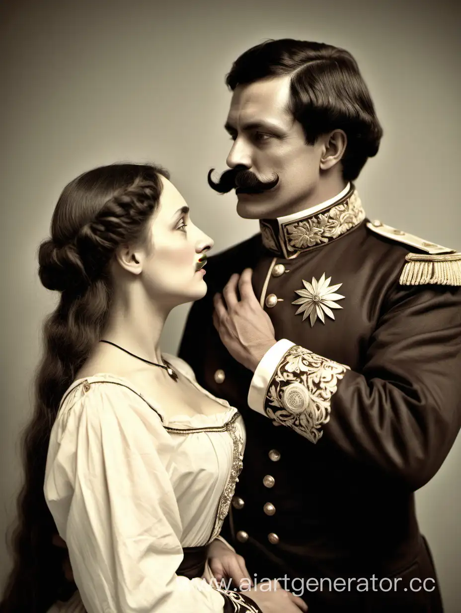 Мужчина с усами в наряде российской империи держит женщину без усов в платье российской империи за руки, и они оба смотрят друг другу в глаза