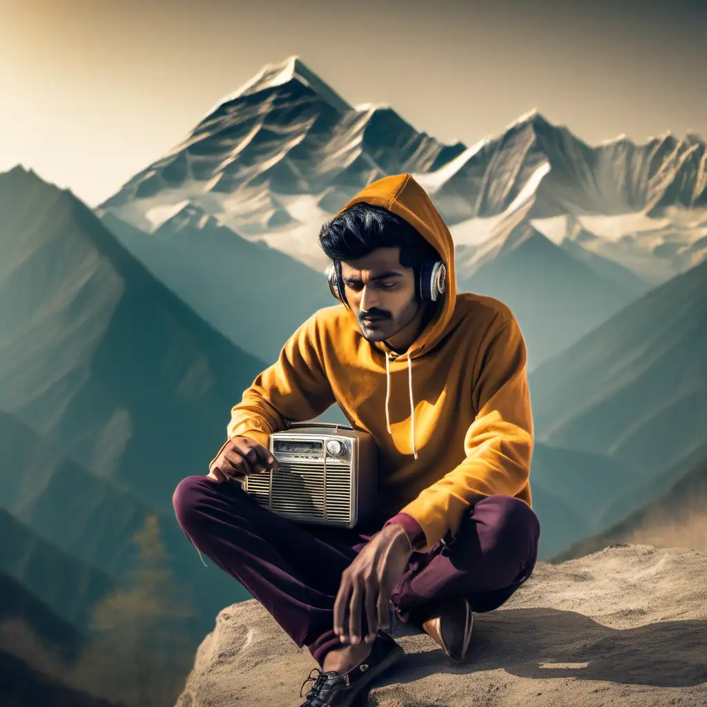 Indian guy wearing a hoodie watching Himalayan mountain and listening to old songs on vintage radio