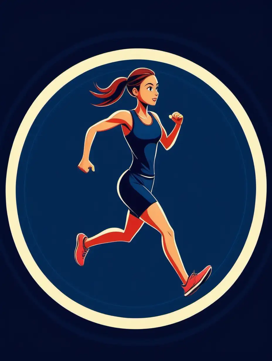 Female Runner in Circular Motion on Dark Blue Background Cartoon Style