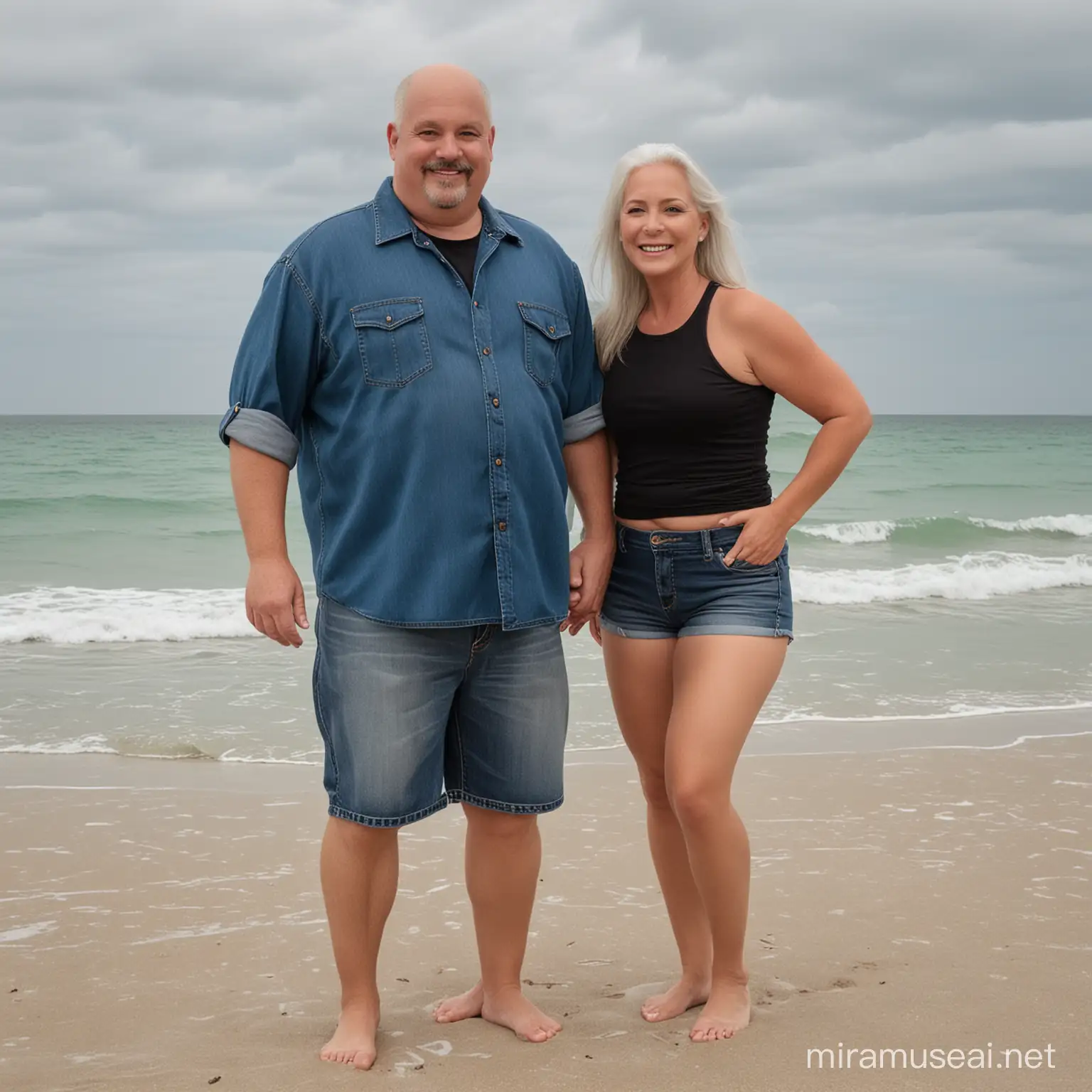 husband and wife on Florida sandy beach, fat chubby husband short, fat, bald, goatee, wearing jeans shorts and black button down shirts, wife 55 years old, thin, fit, silver hair, wearing shiny black pantyhose, denim blue jean shorts, grey tank top