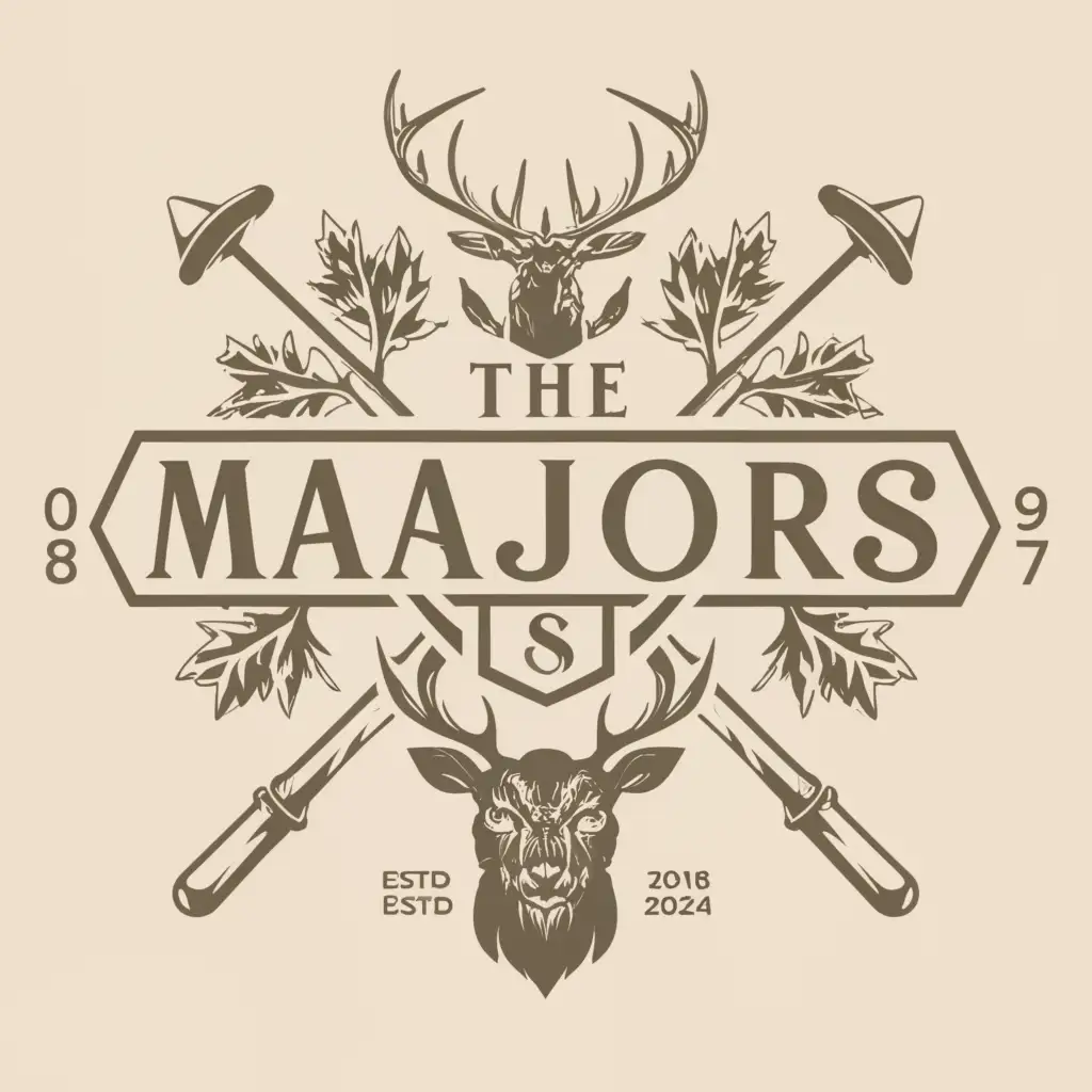 a logo design,with the text 'The Majors', main symbol:steam engine, oak tree, deer antlers, golf clubs,complex,be used in Sports Fitness industry,clear background