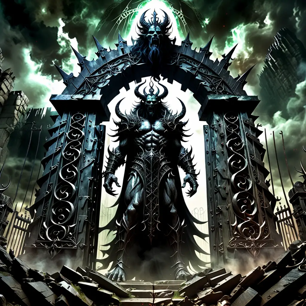 the enormous and ominous king belial, appearing out of an ancient giant gate, out of the spectral world and into the world of the living,