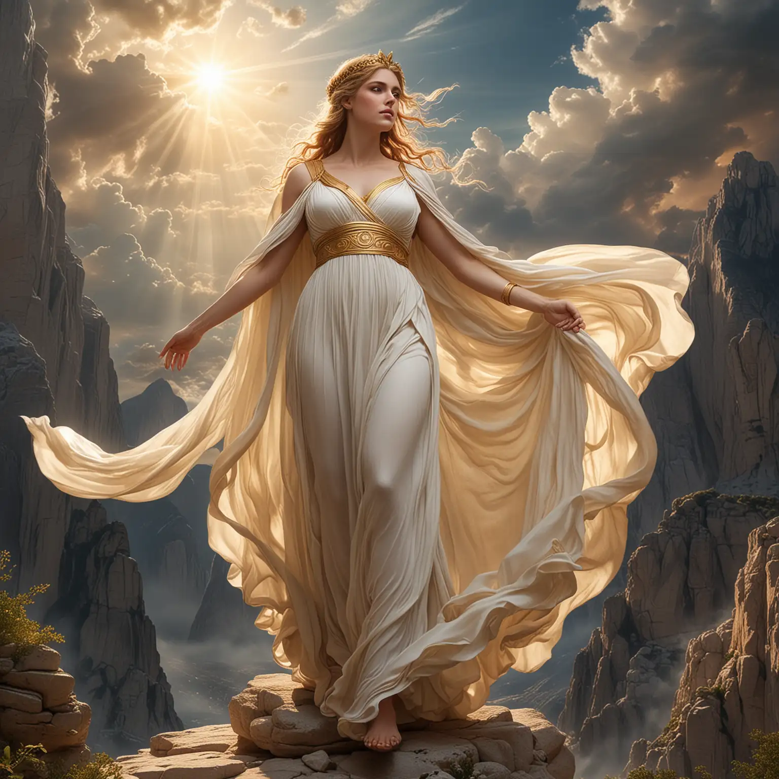 Greek Goddess Harmonia descends from Mount Olympus, stunning details.