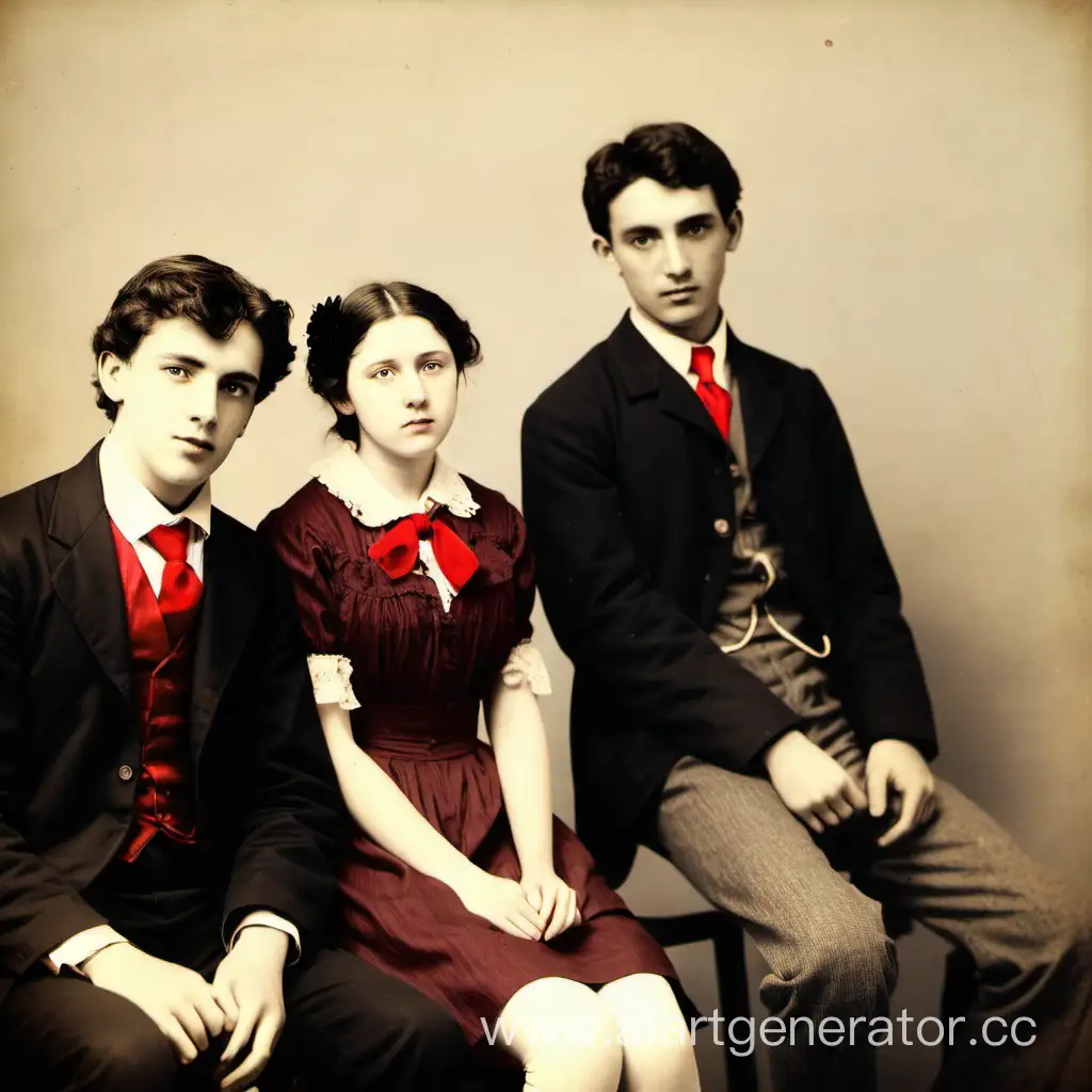 Старое фото 19 века с эффектом старины. На фото расположены 3 человека. Молодой парень 21 года в черной рубашке, пиджаке и красном галстуке. Рядом еще один парень лет 25 в черном галстуке. Рядом сидит одна девушка 19 лет в белом платье с цветком. Всего 2 парня и 1 девушка