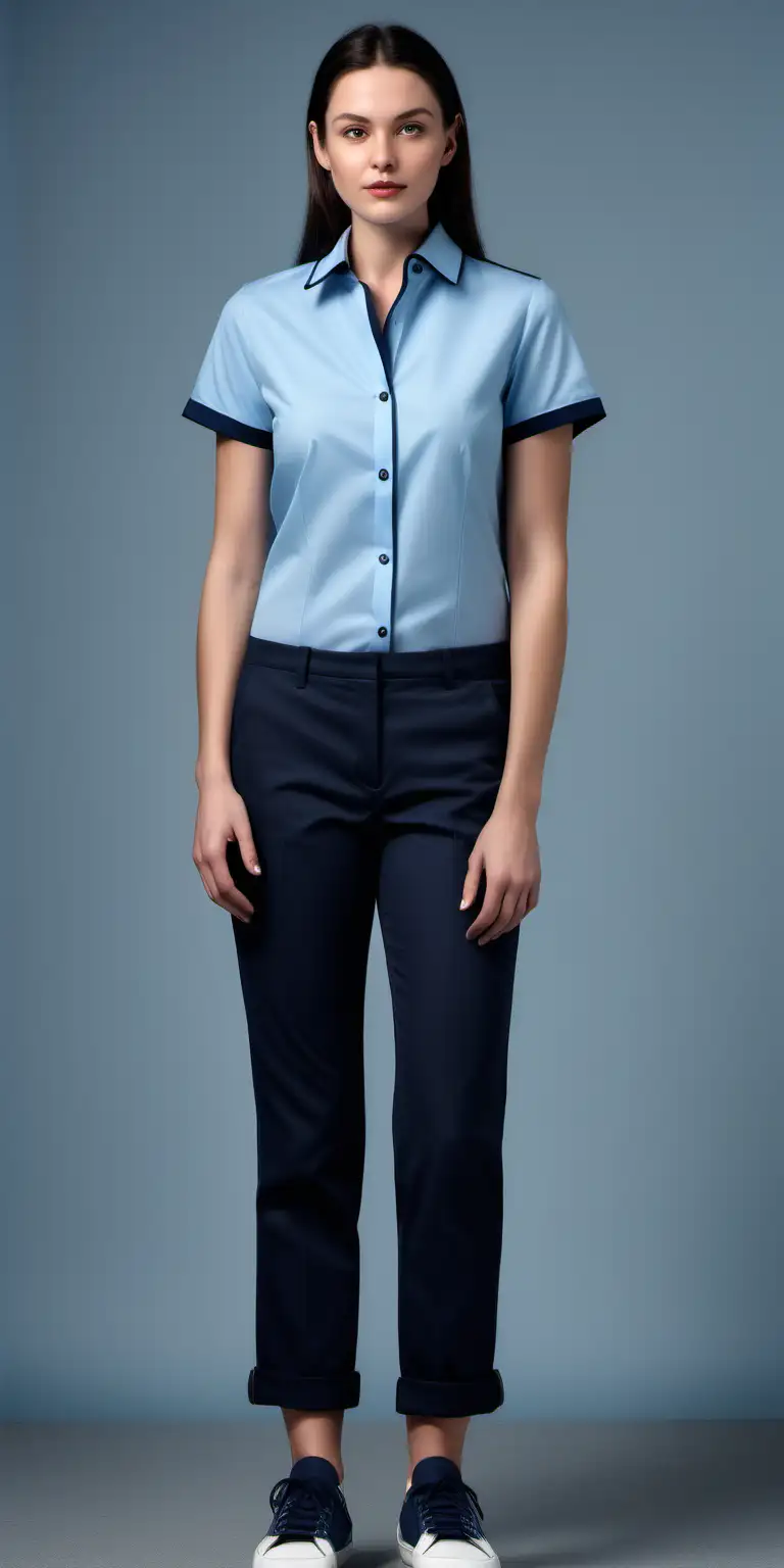 women shop seller, light blue short sleeve shirt, dark blue binding, light blue shirt button, navy classic pant, black sneaker, full body, grey background, fashion detail, 35 mm photography, modern design