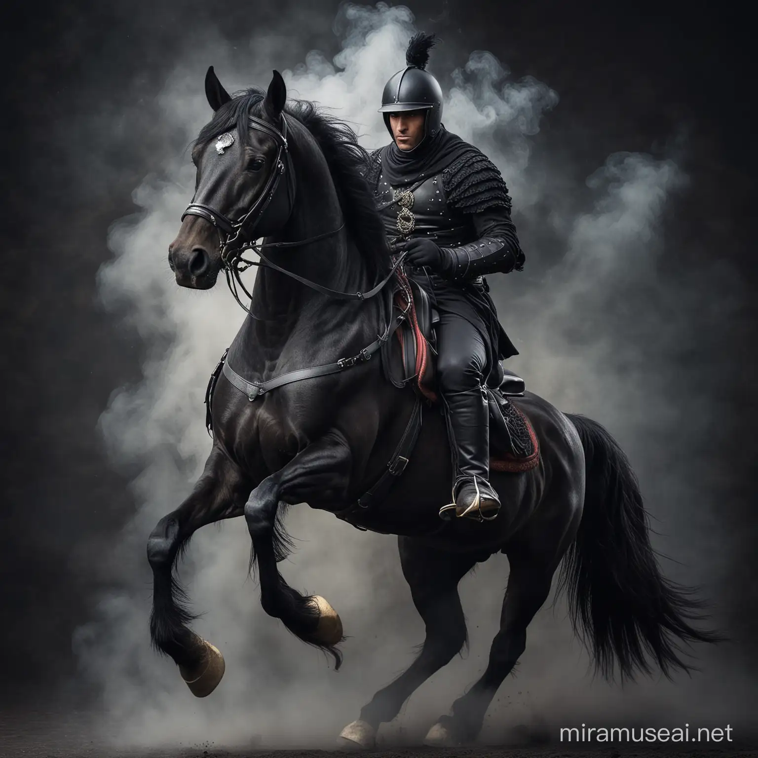 A black horse rider, knight, dark colorful background, smoke