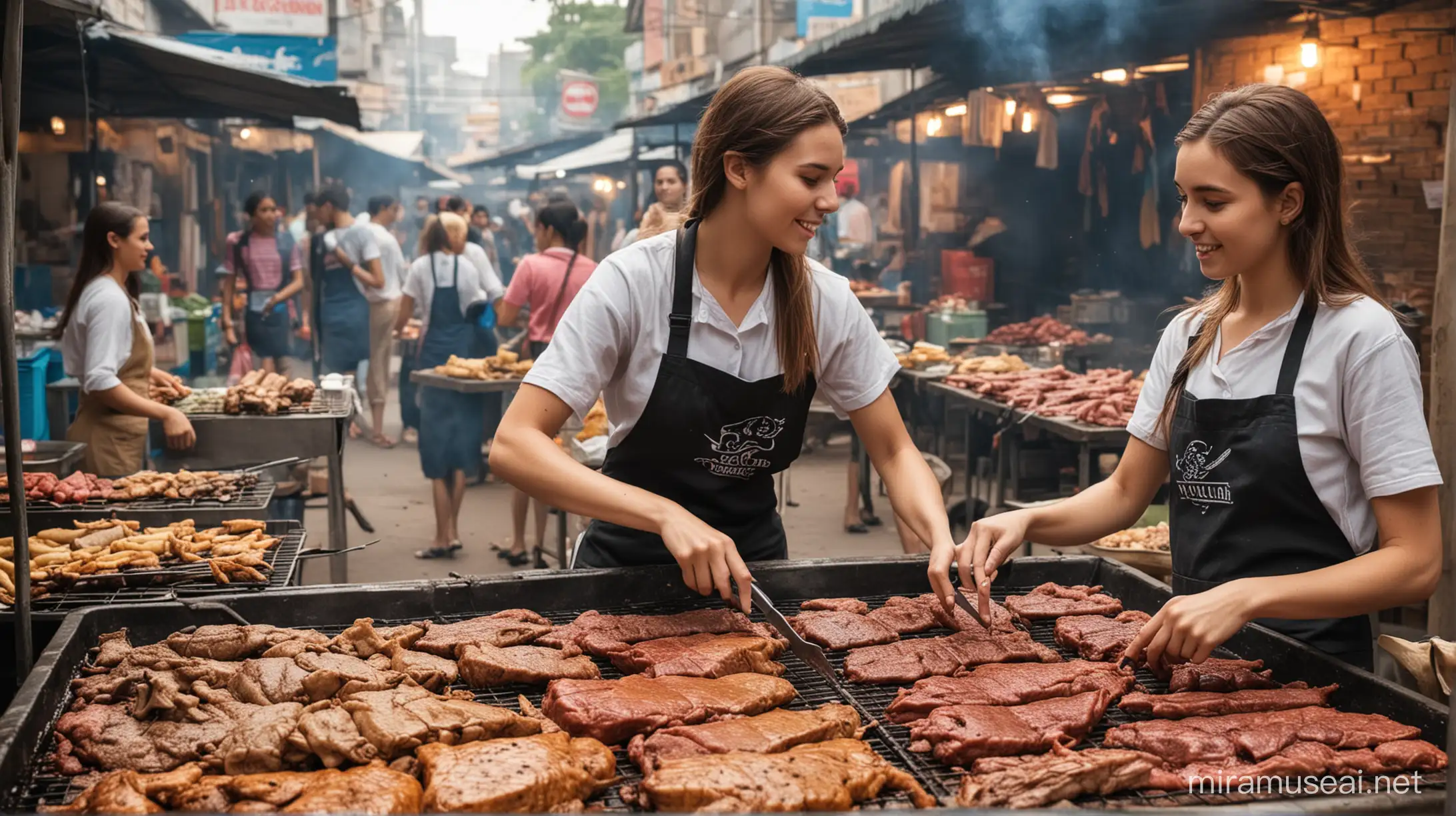 Add girls serving food in market (2 Girls)
 should showcase Crocodile and Kangaroo Meat
Different kind of Meat selling in Market
Background should look like Street food market with cooking and smoke coming
Girls is grilling meat 

