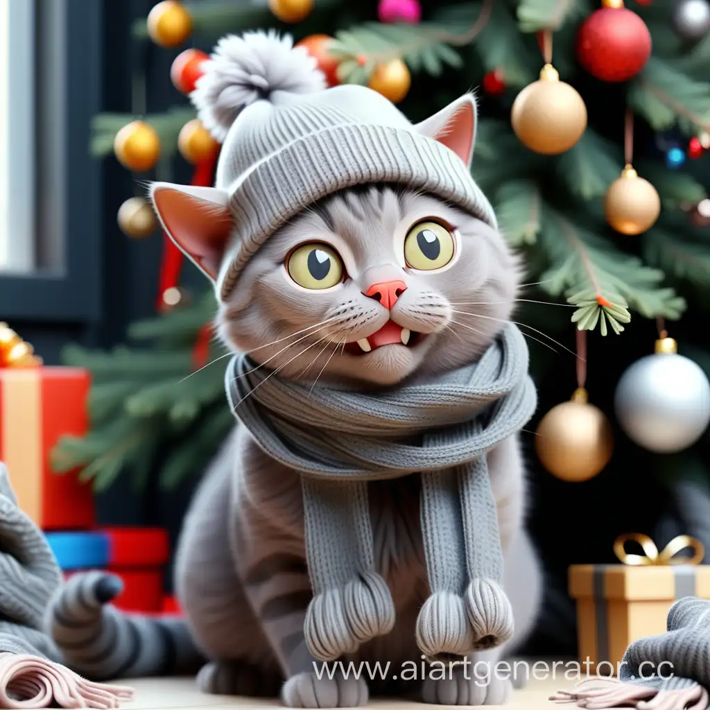 Смешной милый серый кот с большим носом и смешными глазами в шапке и шарфе, в полный рост под новогодней ёлкой. Рядом разбросаны клубки.