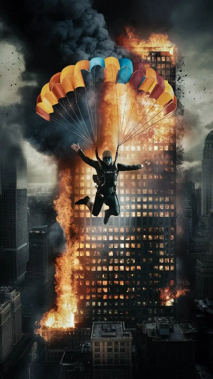 Thrilling Parachute Escape from Fiery Skyscraper