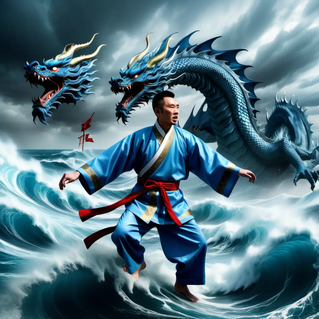 chinois en tenu traditionnelle bleu ciel au milieu d’une mer déchaînée entouré d’un dragon bleu réaliste
