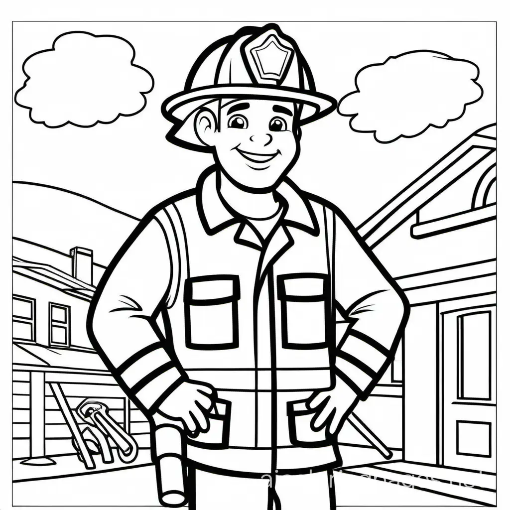 friendly fireman, Coloring Page, black and white, line art, white background, Simplicity, Ample White Space. The background of the coloring page is plain white to make it easy for young children to color within the lines. The outlines of all the subjects are easy to distinguish, making it simple for kids to color without too much difficulty