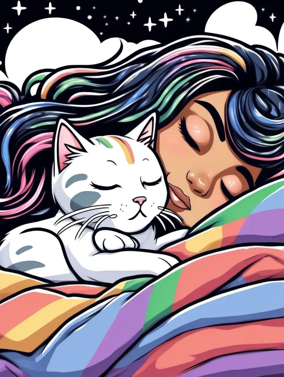 a woman is sleeping in a bed. she has black and rainbow colored hair.  a cat that is sleeping on top of her. the cat is black and white in color. cartoon style