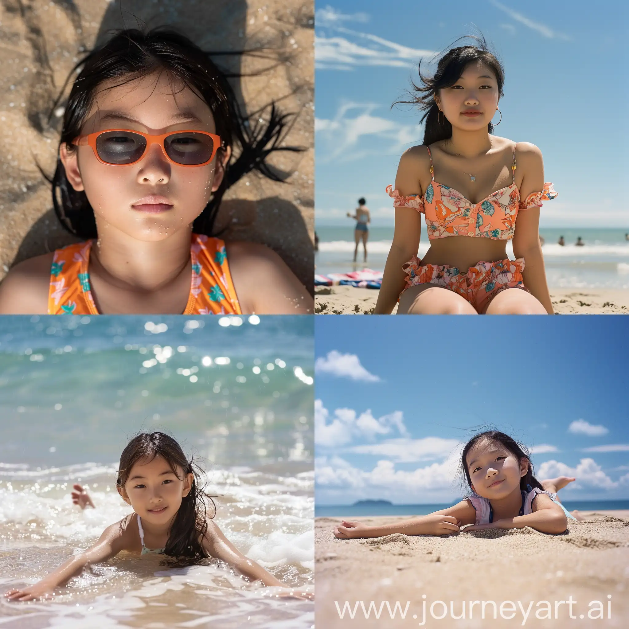 Young Asian girl sunbathing on the beach 
