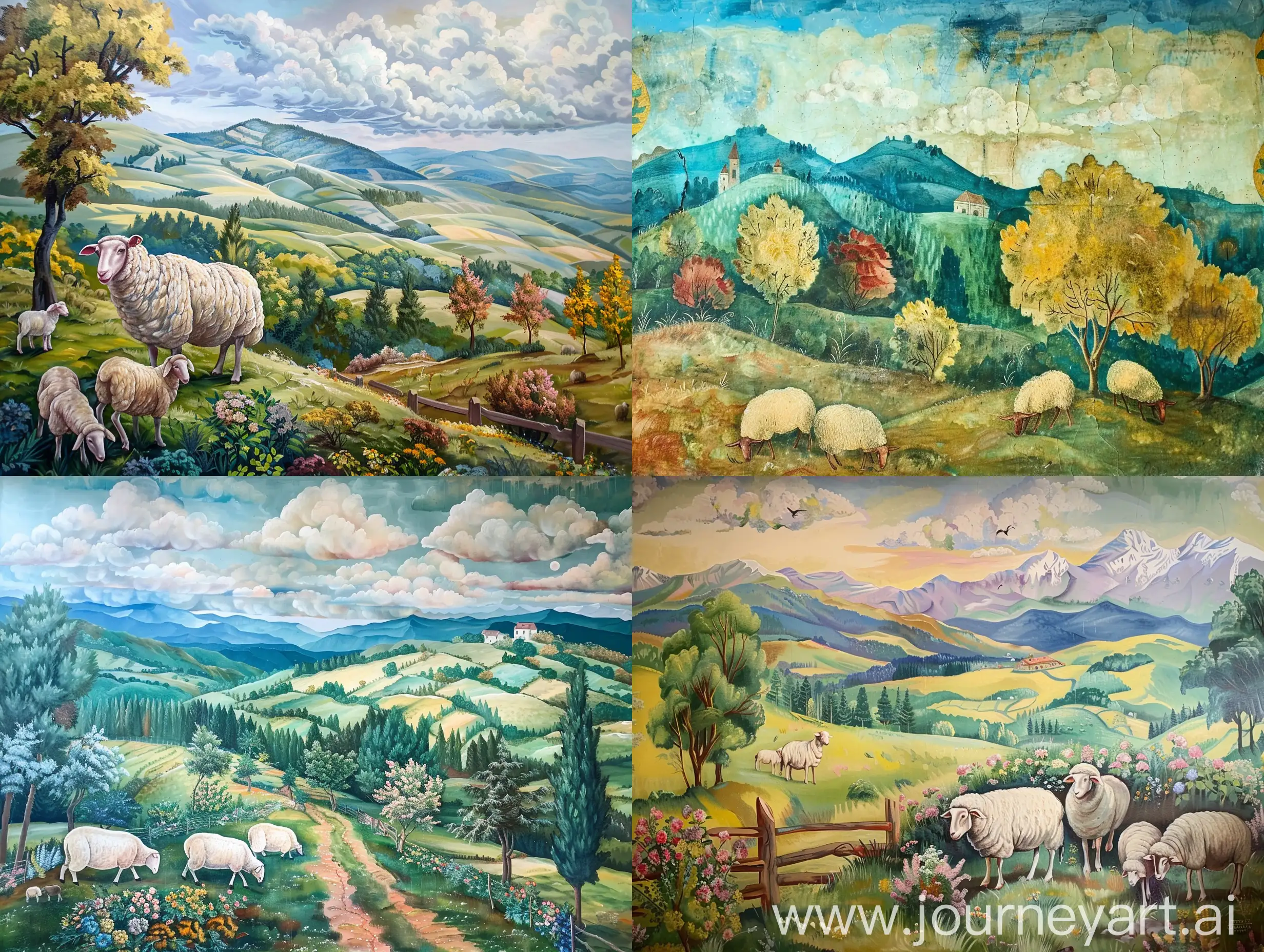 landscape with sheep in bucovina as a mural painting