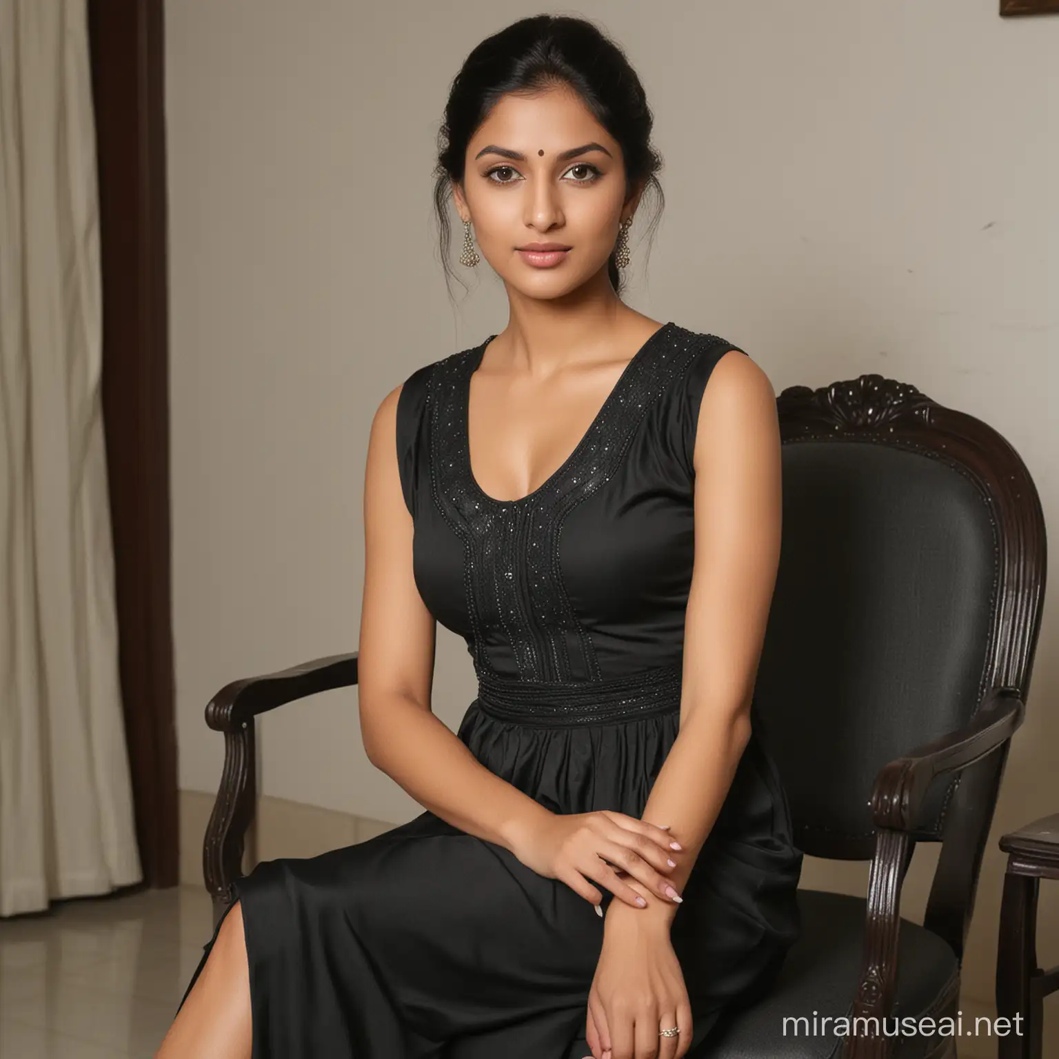 Hot white skinned Indian lady in a black dress sitting on a chair in room