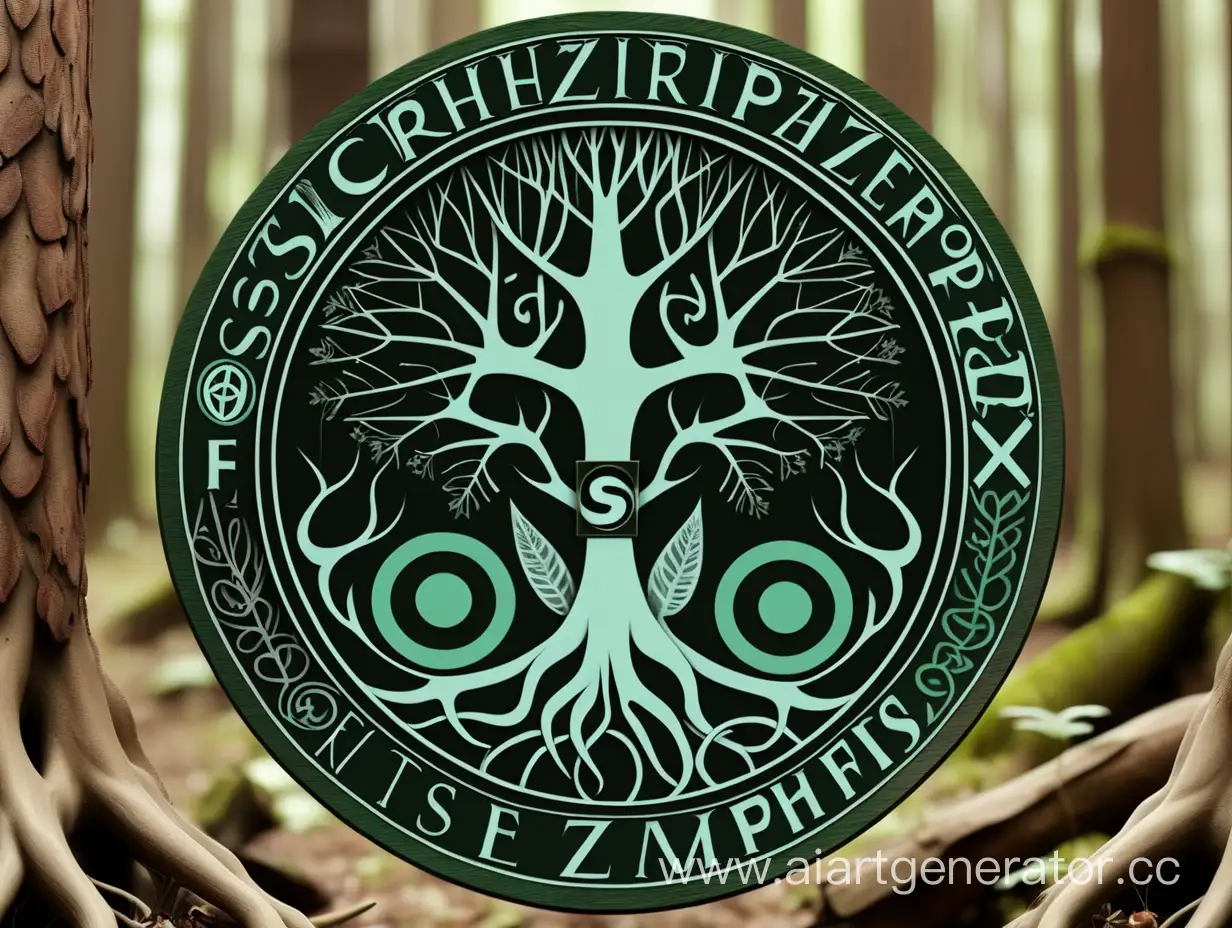 эмблема шизофреничного леса, надписью "лес" и символами