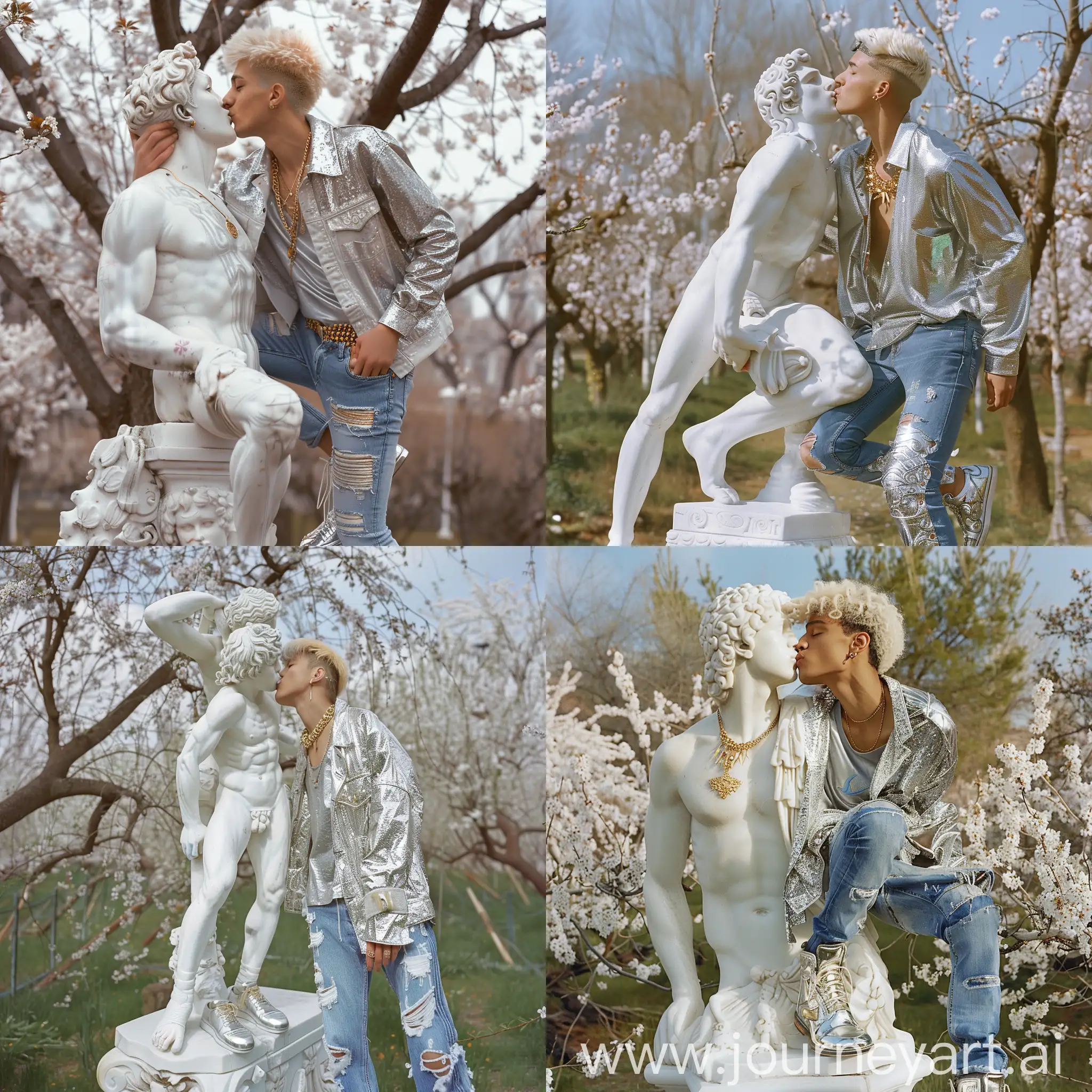 Young male, blond hair, silver shoes, skinny blue jeans, open silver shirt, golden necklace, kissing the white statue of a greek male hero, surrounded by blossom trees,