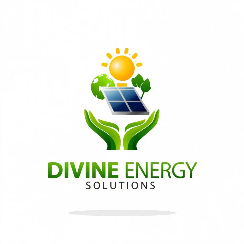 a logo design,with the text "DIIVINE
 ENERGY SOLUTIIONSS

", main symbol:SOLAR PANEL, GREEN EARTH, SUN, HANDS,Minimalistic,be used in Internet industry,clear background