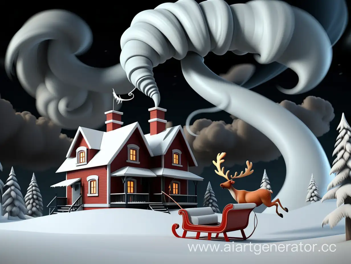 зимняя сказка с воронкой торнадо а на верху дом деда мороза и сани с оленями летят в низ на землю 
3д анимация 