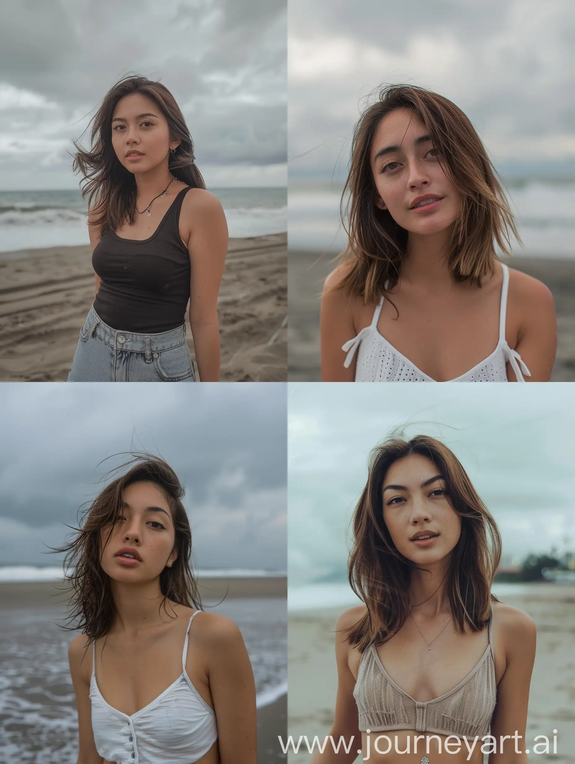 raw candid photo of a spanish-filipino woman in her 20s with brunette hair and fair skin at the beach, overcast sky