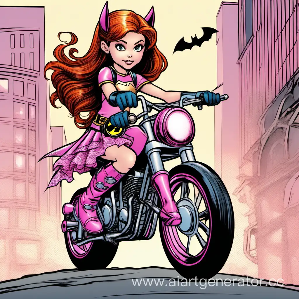 very cute petite dc comics super hero girl tween bat girl auburn hair skirt on motorcycle with stockings pink lace
