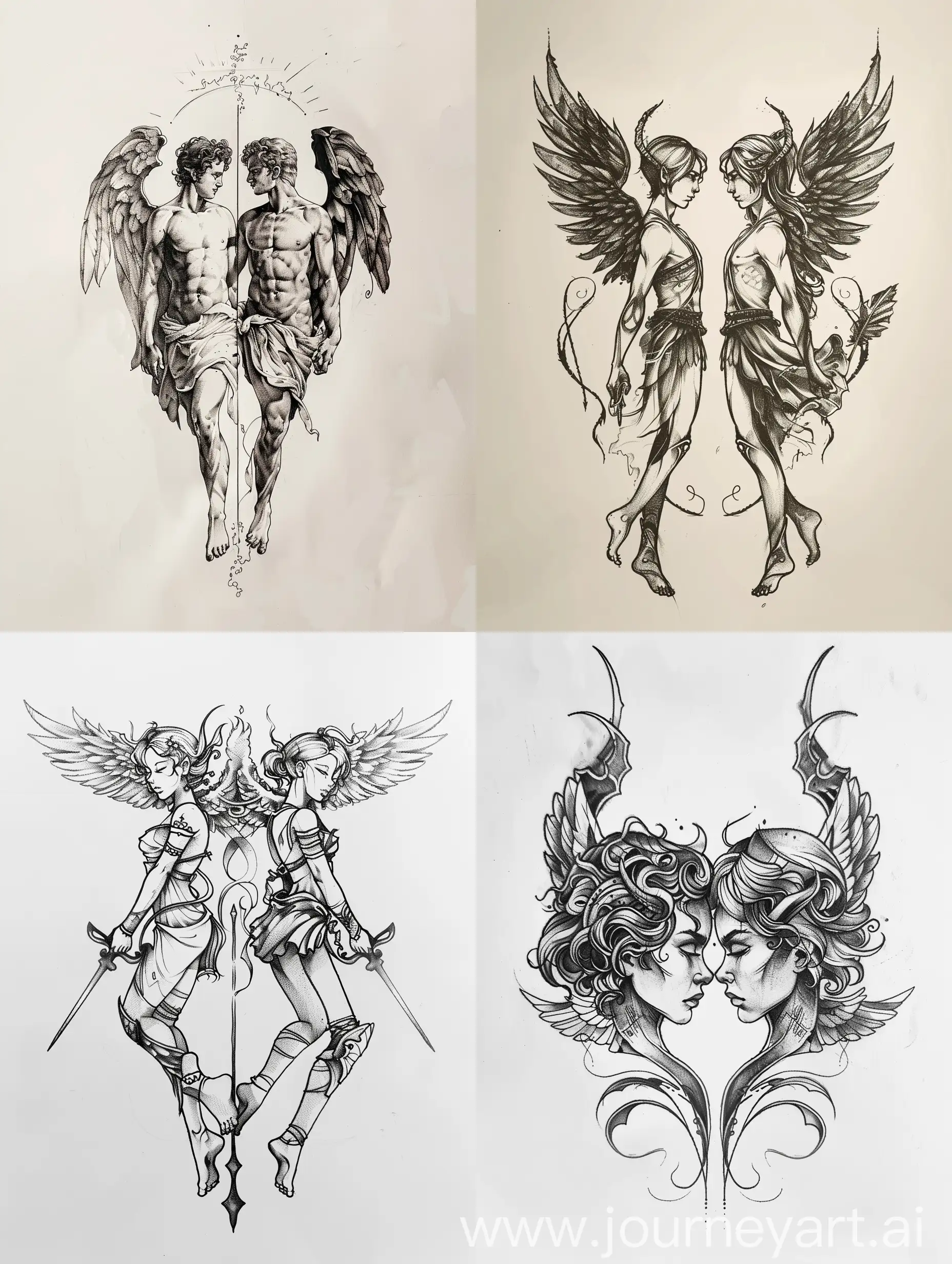 minimalist greek mythology, Apollo and Artemis twin on each side symmetry tattoo design sketch, white background, Angel and Demon concept

