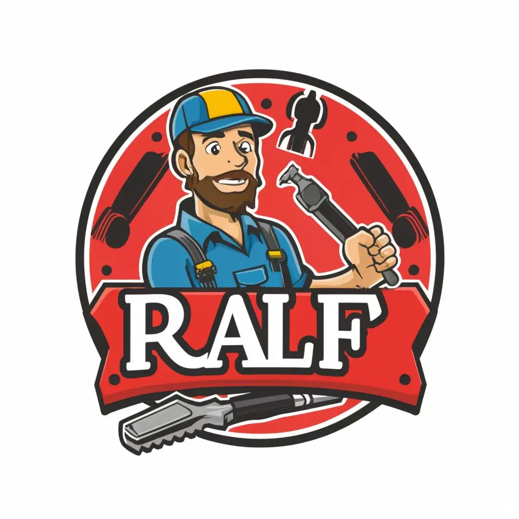 logo, Ralf the mechanican with a tool in his hands, with the text "Ralf", typography