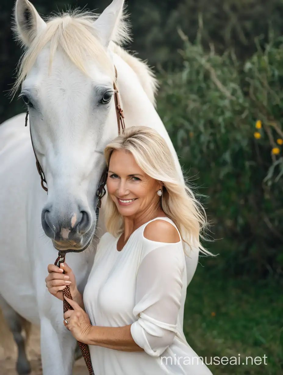 happy Caucasian 45 years old blond woman emanating love. posing with white horse, looking straight to camera