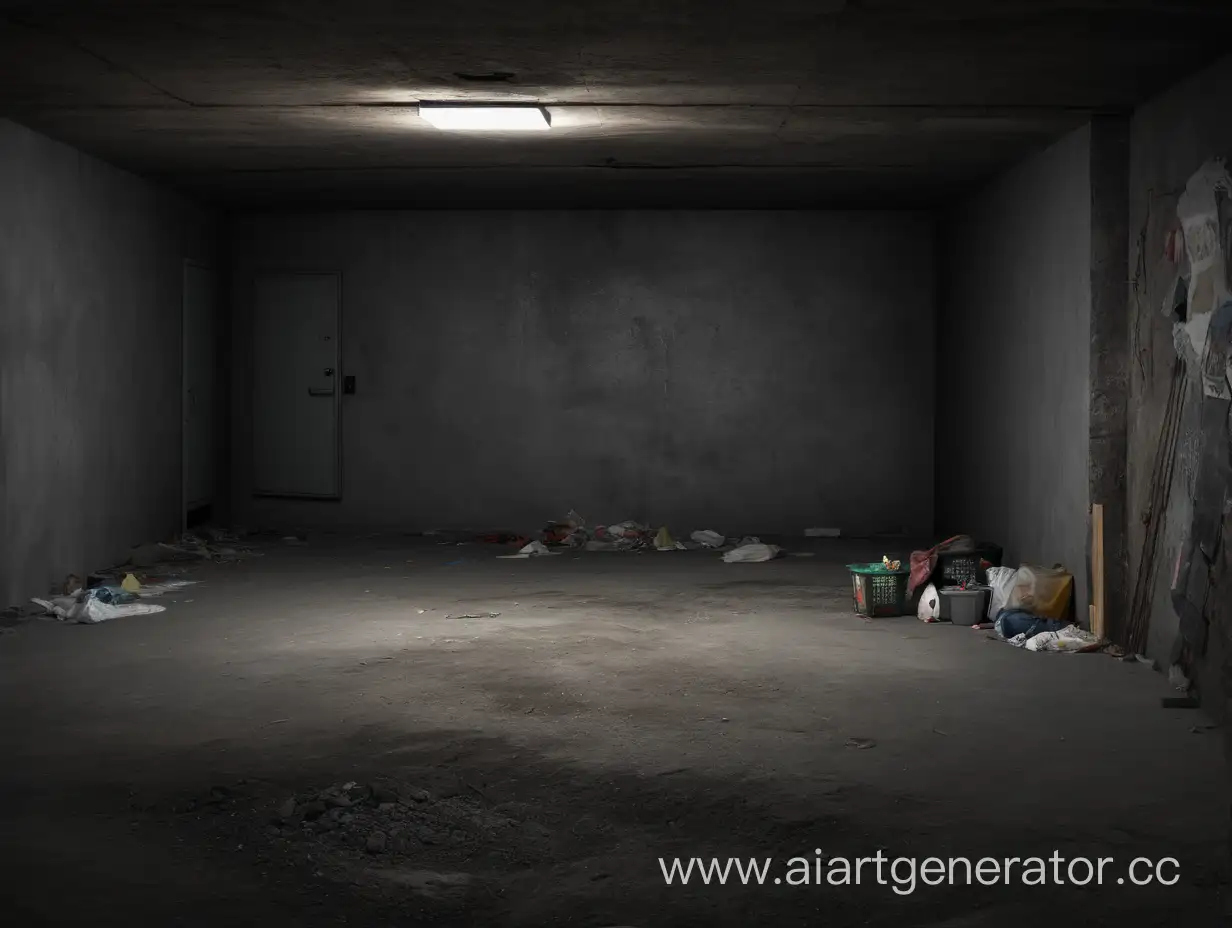 Dark gray background, basement, dark, no windows, shabby walls, garbage, dark room