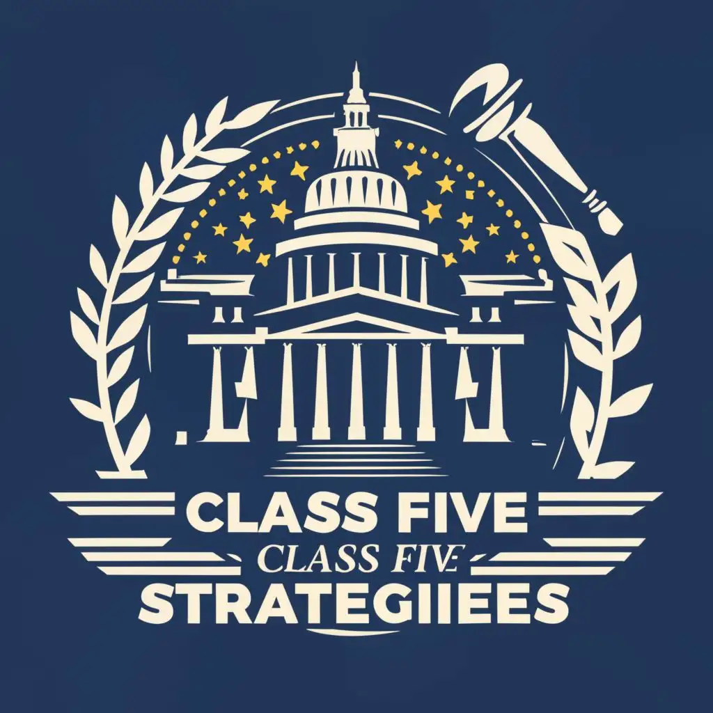 logo, US Capitol, gavel, TV camera with lens flare, with the text "Class Five Strategies", typography