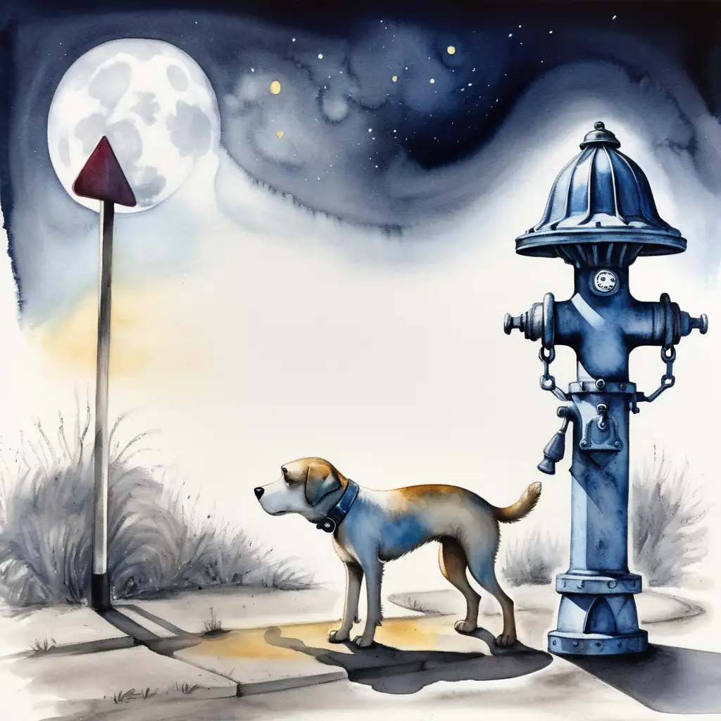 abstract loose spooky water color pale design of lonely dog with leg up peeing on a fire hydrant  by moon light 