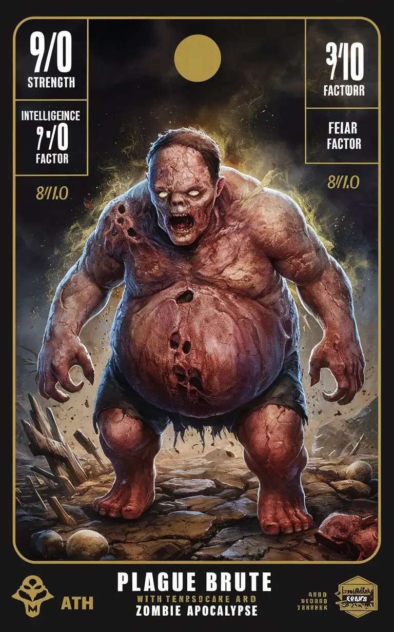 "Anime Zombie Apocalypse trading card featuring 'Plague Brute' with stats like Strength: 9/10, Speed: 3/10, Intelligence: 1/10, Fear Factor: 8/10. Plague Brute is a hulking zombie monstrosity, its body swollen with toxic decay. It spreads disease and destruction with each lumbering step, emitting a foul stench that chokes the air. Premium 14PT card stock, artwork by Mike 'Nemo' Anderson, UHD visuals, chaos theme, marketed by 'Zombie Apocalypse Network.'"