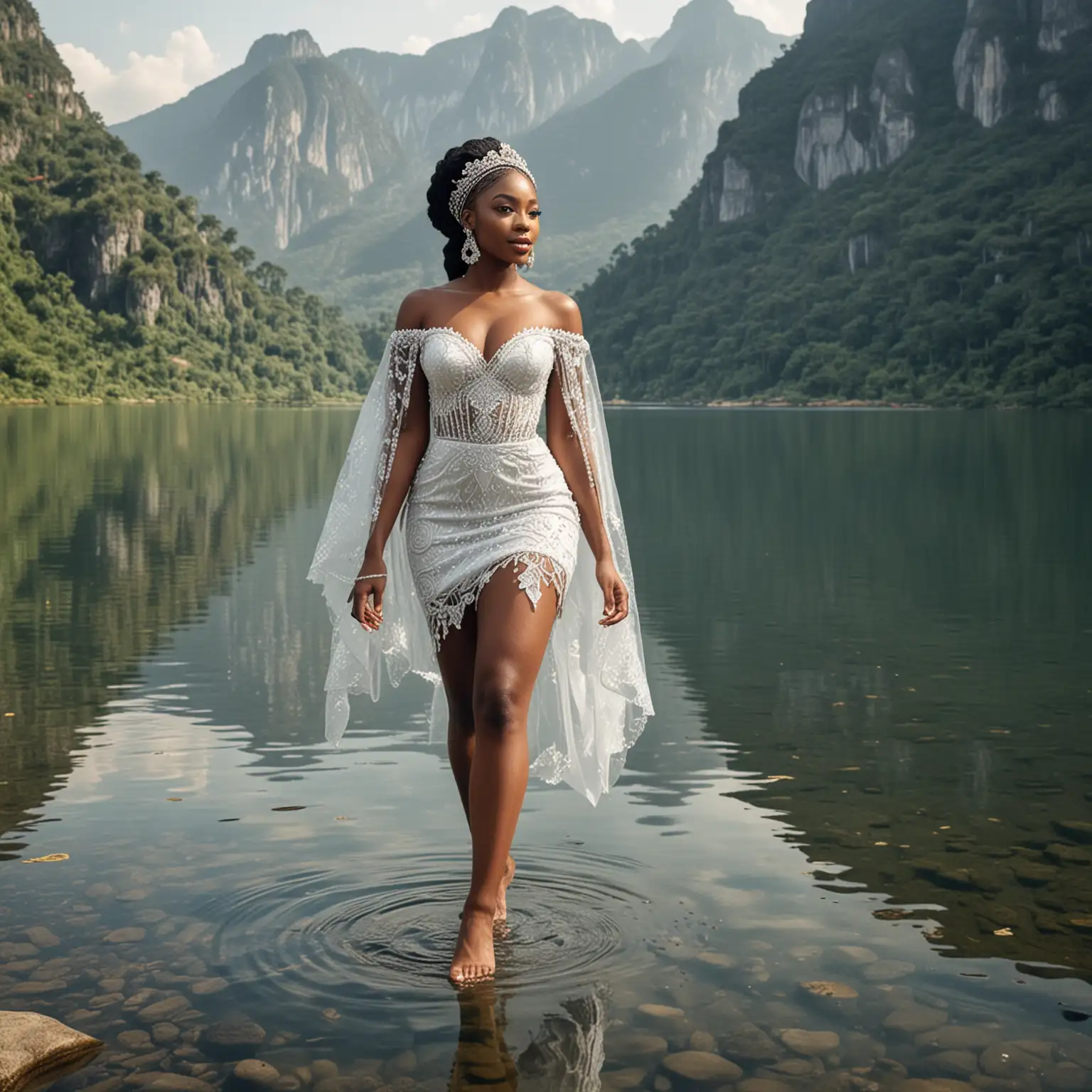 In a very realistic way, a sublime Nigeria beauty  pagent  in crystal, walking on a lake, amidst the mountains