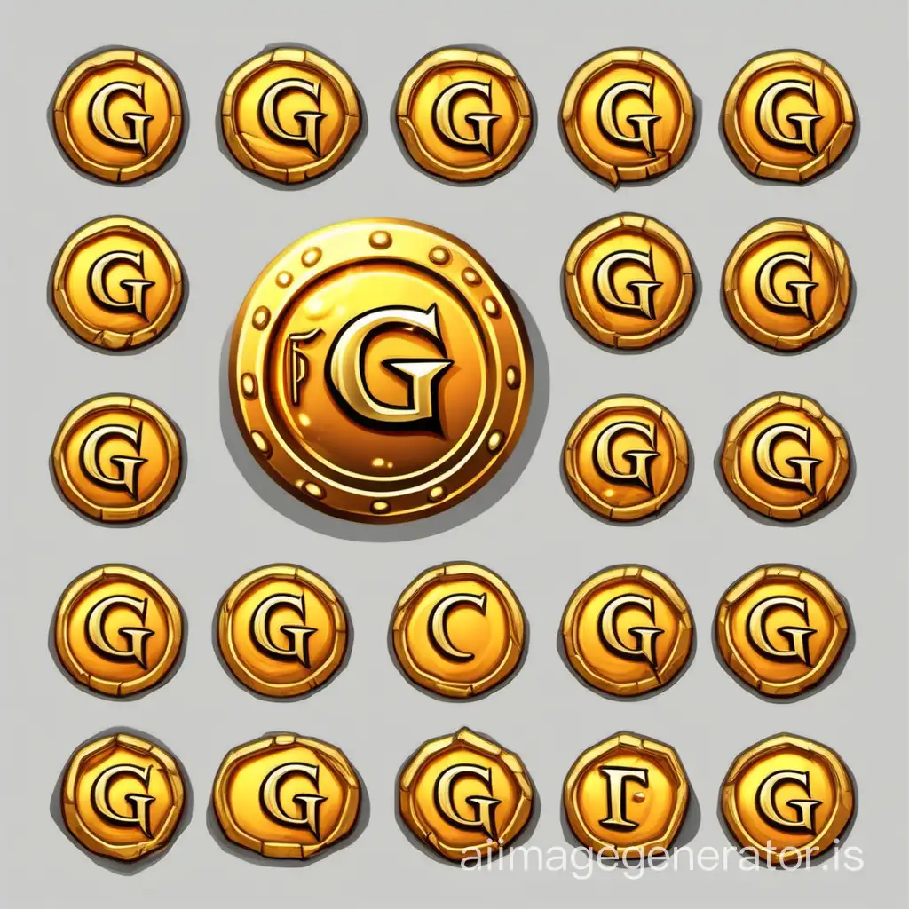 Draw icons for a fantasy RPG game: a round golden Coin with the letter G written on it. 2D GUI Vector Graphics