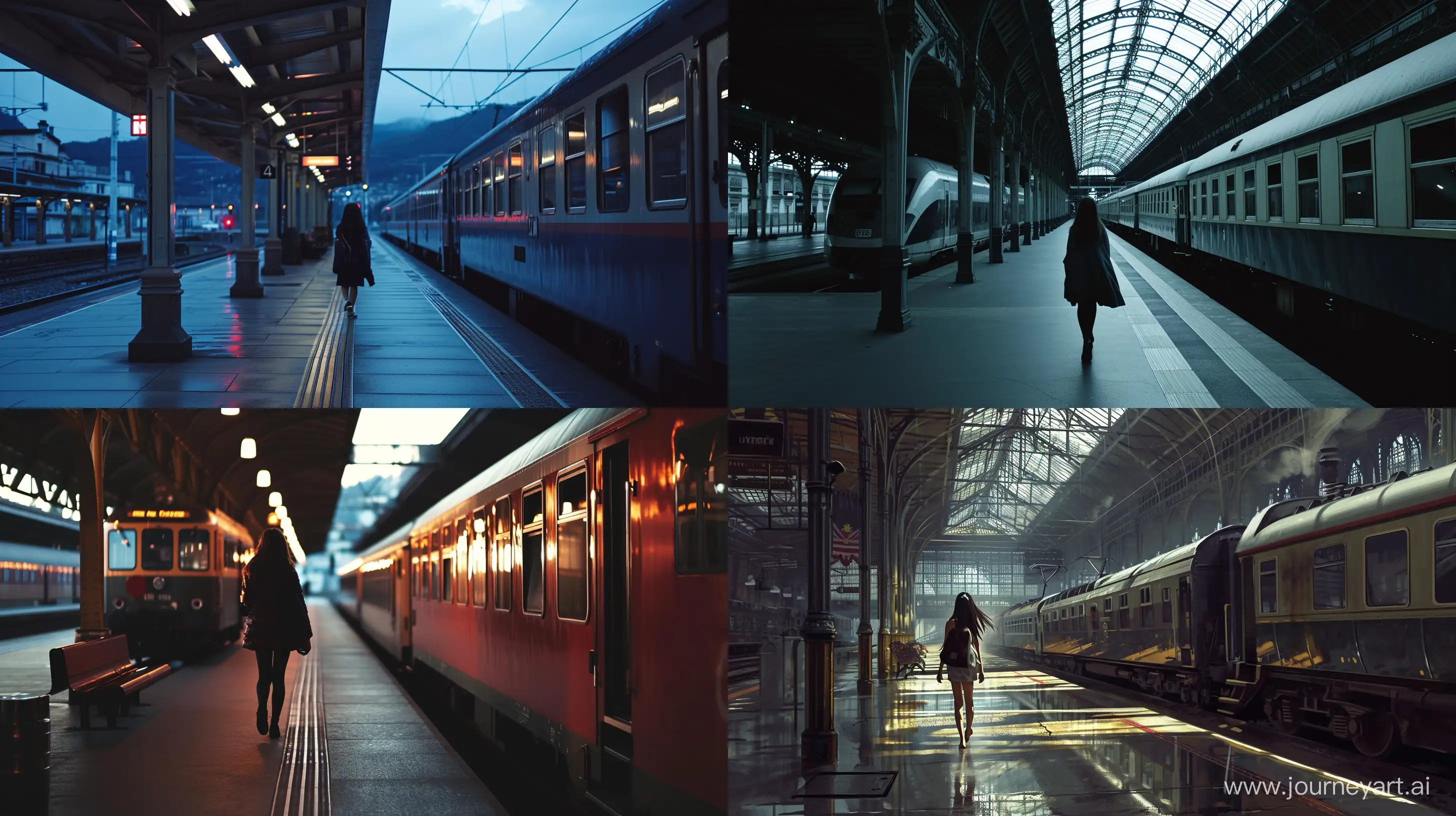 A Girl going by in a train station, with a train parked at the side --ar 16:9 --v 6.0