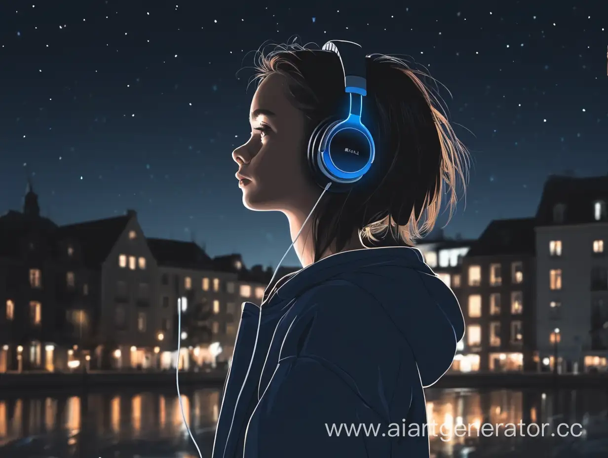 Девушка одна ночью в наушниках слушает музыку
