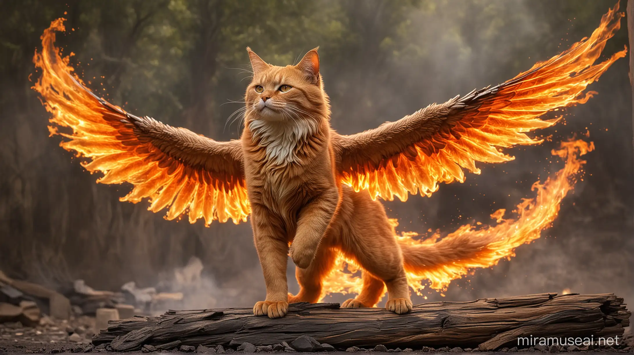(full body) Fire cat is a magical creature with the body of a cat, ((wings resembling flames)), and fur that can become invisible. The fire cat has the gift of fire control and is able to cause firestorms, create fire walls and control the temperature of the environment. Legend has it that fire cats were created by the gods to protect homes and help people fight fires.