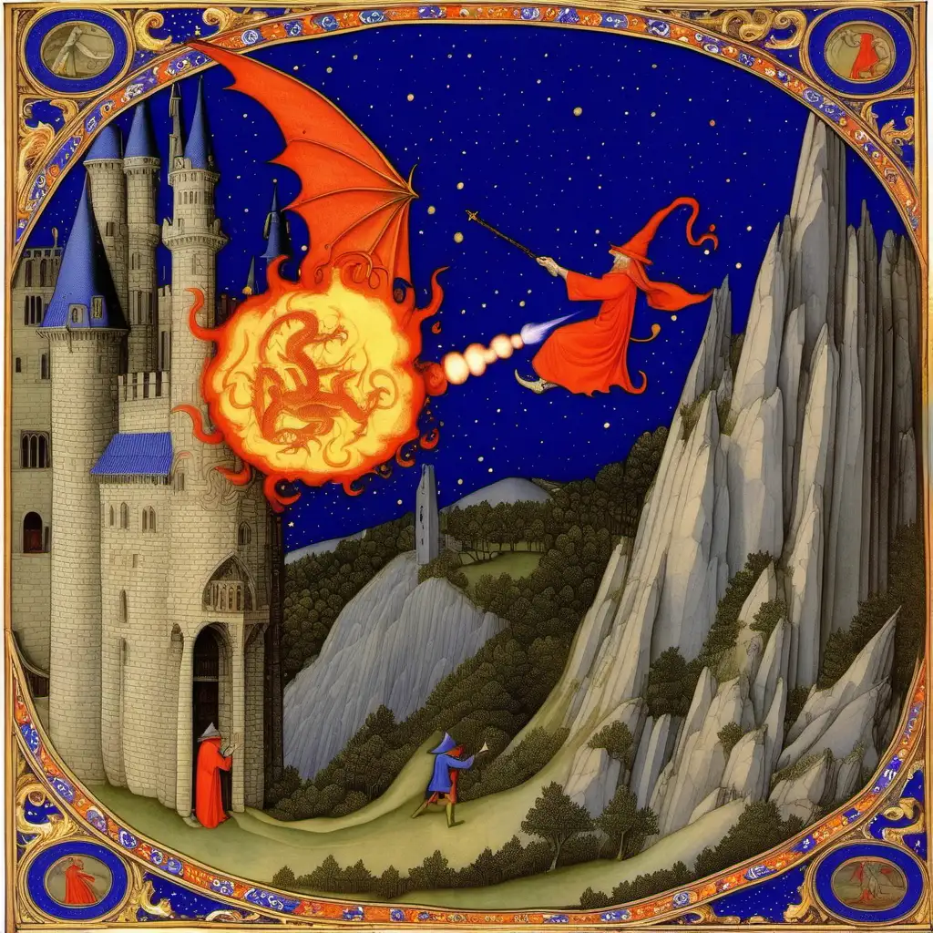 limbourg brothers painting depicting a wizard shooting a fireball at a dragon