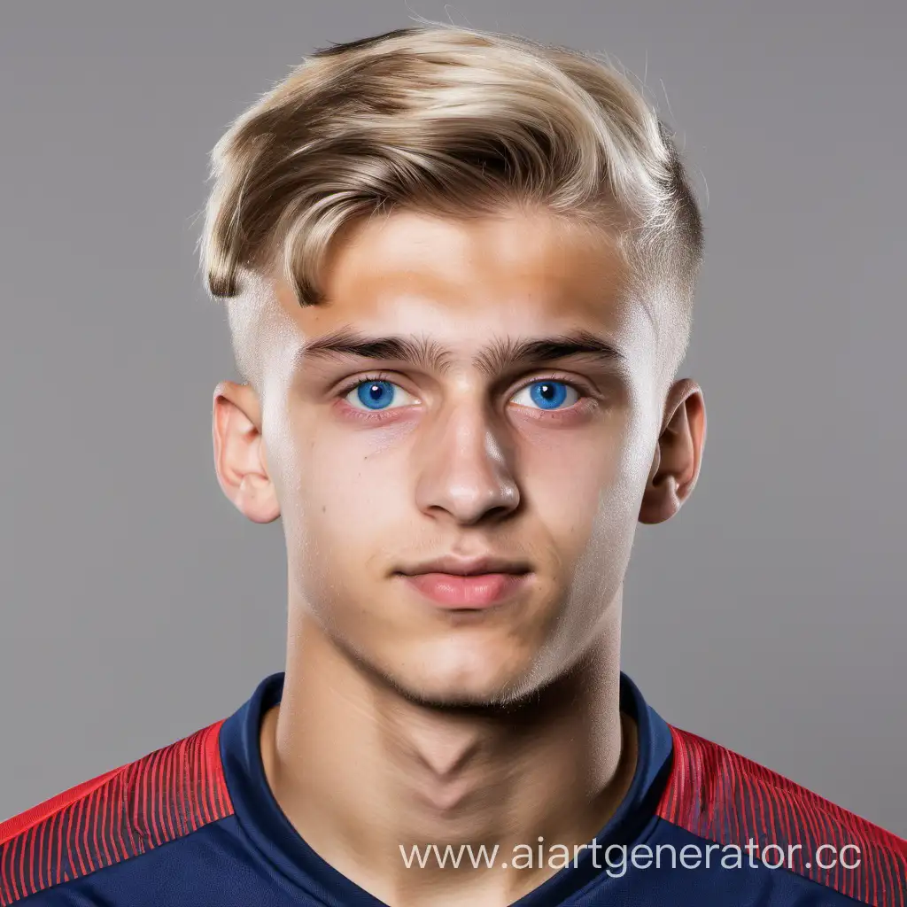 20 летний футболист, в футболке клуба ПСЖ, светлые волосы, голубые глаза, светлая кожа, славянская внешность.