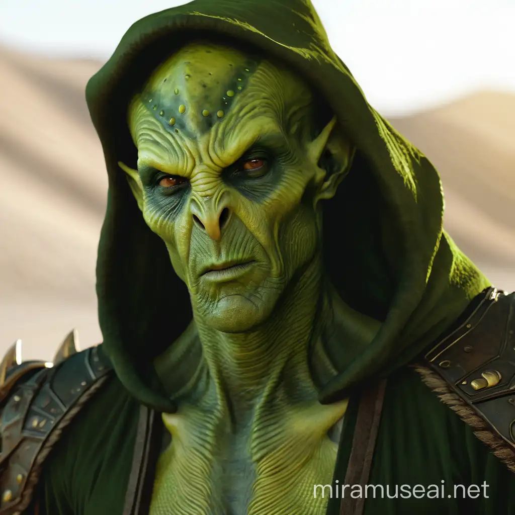 Hyperrealistic full length image of a tall extremely gaunt D&D style alien looking gith greenish-yellow skin with many facial splotches across his cheeks, no nose, 